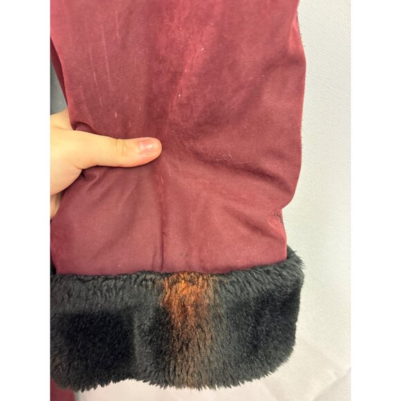 Women’s Utex Design Medium Long Burgundy & Black Fur Lined Hooded Suede Coat - Picture 6 of 6